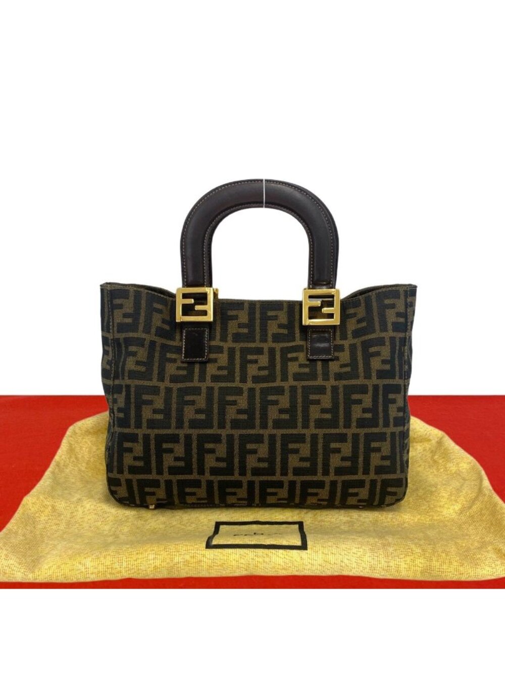 Fendi Zucca FF Logo Canvas Leather Handbag Mini Tote Brown